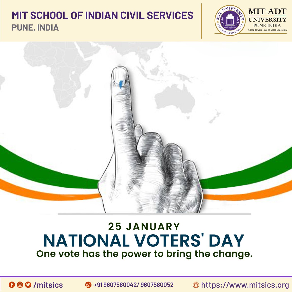 “Voting is not only our right - it is our power”.
Using our vote, let's build a better and brighter future together. Happy National Voters Day to all of you.

#NationalVotersDay #राष्ट्रीय_मतदाता_दिवस #VotingRights #worldclasseducation #mitsics #MITADT