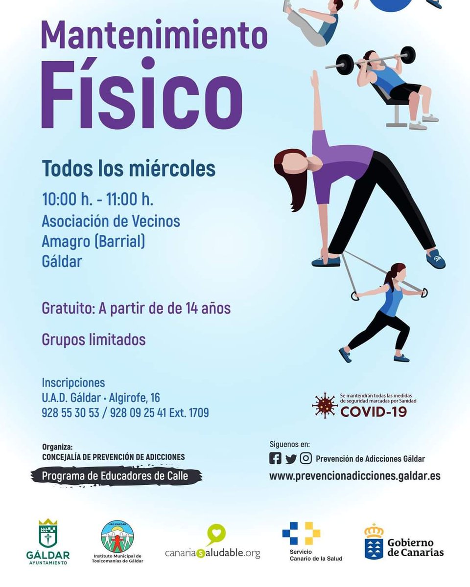 uadgaldar's tweet photo. Mantenimiento Físico en la asociacion vecinal Amargo, Barrial de 10:00-11:00

Programa Educadores de Calle

Concejalía de Prevención de Adicciones Gáldar https://t.co/QgR0KVf9Pp