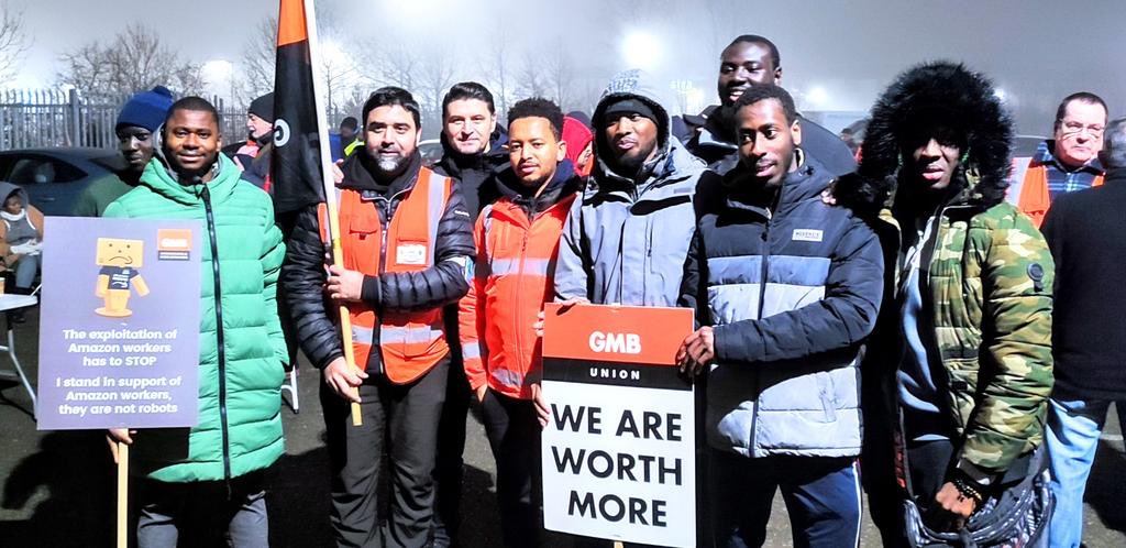 It takes an Amazon warehouse worker more than 8 weeks to earn what CEO Jeff Bezos makes in a single second. Today, they are taking strike action for the first time in the UK over pay and conditions. Solidarity with @GMB_union members making history.