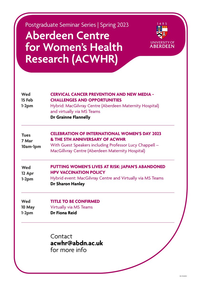 ACWHR's Spring 2023 Seminar programme - contact acwhr@abdn.ac.uk for more information on how to attend!