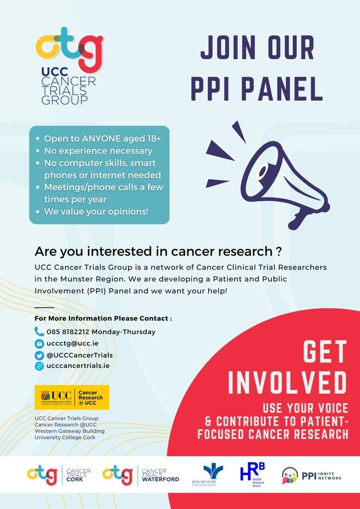 Do you have an interest in Cancer Research? @UCCCancerTrials are looking for members of the public to join their Public and Patient Involvement (PPI) Panel. If you are interested or know someone who might be interested, please see below and please get in touch.