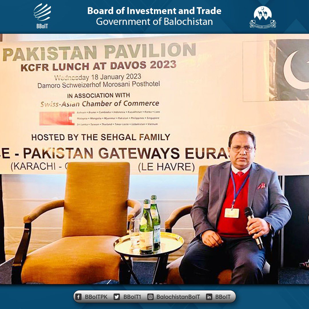 BBoIT1's tweet photo. CEO #BBOIT Mr. Saeed Sarparah was invited to attend the “Accelerating Investment in Pakistan” Lunch on the sidelines of the Annual Summit of the World Economic Forum (WEF) at #DAVOS hosted by #KCFR
@cs_balochistan @PakistanAtDavos 

#PakistanAtDavos #PathfinderGroup #WEF2023 https://t.co/52505p7T5Y