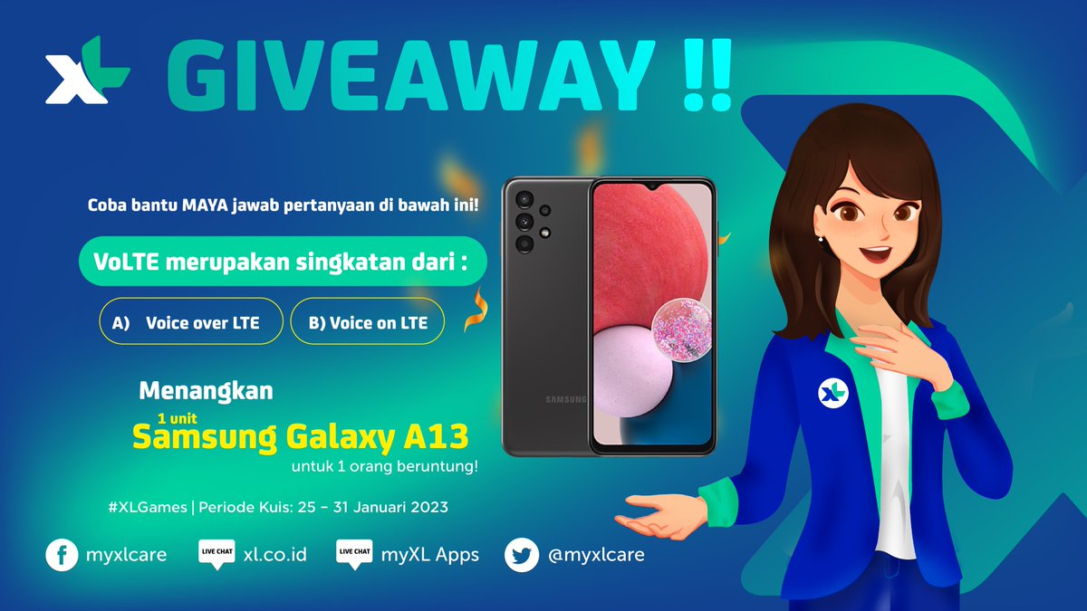 myXLCare's tweet photo. ✨ G I V E A W A Y ✨
Maya mau bagi-bagi hadiah nih buat kamu! Ada 1 unit Samsung Galaxy A13 untuk Teman Maya yang beruntung. 😊
 
Ikuti caranya:
➡️Follow akun Twitter @myXLCare 
➡️RT &amp; Like tweet ini 
➡️Jawab pertanyaan sebanyak mungkin dengan benar
➡️Gunakan hashtag #XLGames https://t.co/akU6r3HkPS