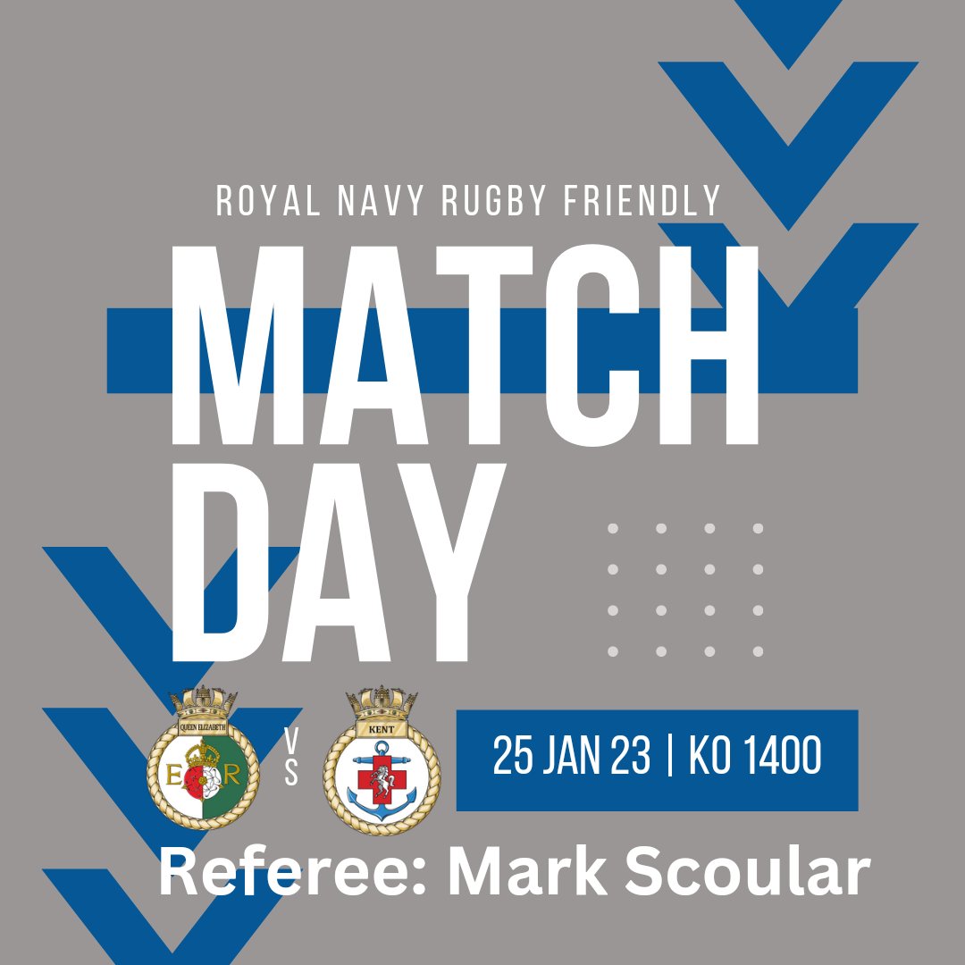 A busy day for RNRURS referees today.

Todays first match is HMS Queen Elizabeth vs. HMS Kent, at HMS Temeraire, KO 1400.

All the best to both teams and the referee.

#rugby #rugbyunion #royalnavy 

<a href="/NavyRugbyUnion/">RoyalNavyRugbyUnion</a>