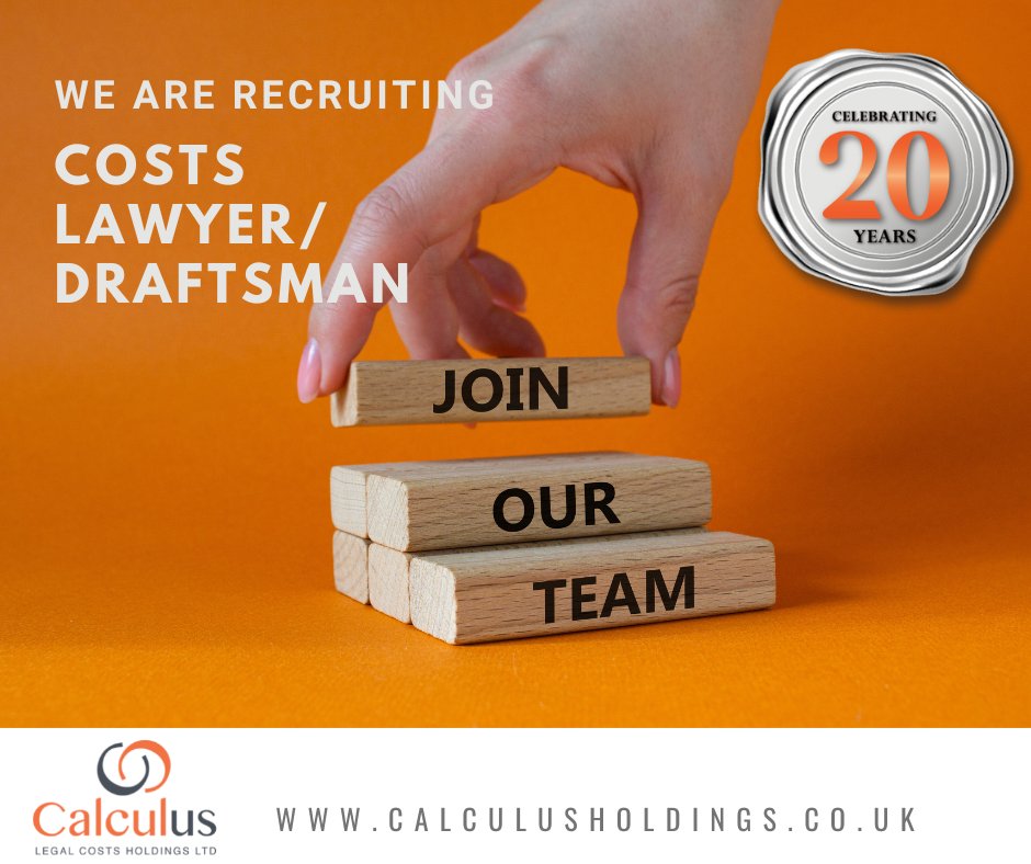 WE ARE RECRUITING!

As we enter our 20th year and continue to expand our business we are looking to recruit an experienced Costs Lawyer/Draftsman to join our well respected team.
#costslawyer #draftsman #topteam #recruitment #jobalert #calculuscosts #advocacy #clinicalnegligence