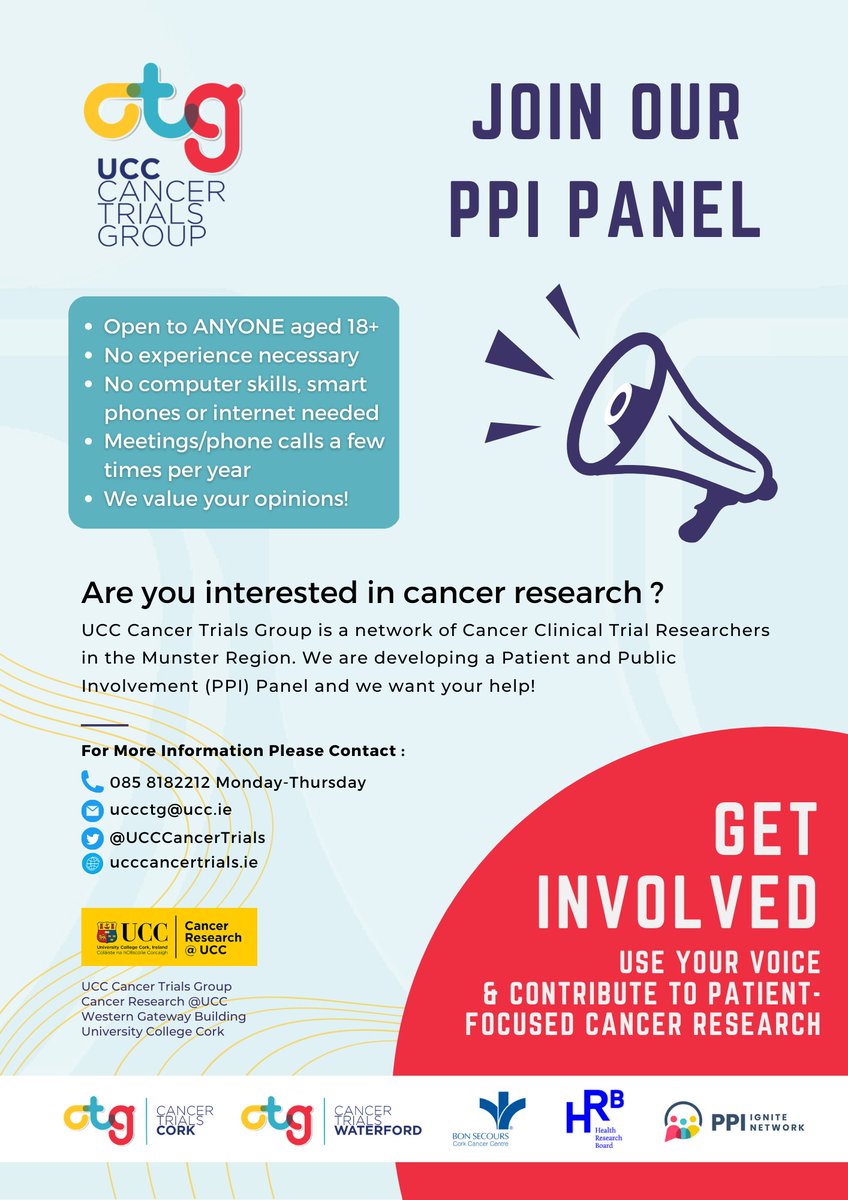 UCC Cancer Trials Group (@ucccancertrials) on Twitter photo We're looking for people for our #PPI panel! Get involved to ensure our #cancerresearch is relevant, meaningful & patient-focused, ultimately leading to service improvement/better healthcare. Details👇 <a href="/CanResUCC/">Cancer Research @UCC</a> <a href="/CancerTrialsUHW/">Cancer Trials Waterford</a> <a href="/CancerTrialCork/">Cancer Trials Cork</a> <a href="/BonsCancerCork/">Bon Secours Cork Cancer Centre</a> <a href="/PPI_Ignite_UCC/">PPI Ignite Network @ UCC</a> We're looking for people for our #PPI panel! Get involved to ensure our #cancerresearch is relevant, meaningful & patient-focused, ultimately leading to service improvement/better healthcare. Details👇 <a href="/CanResUCC/">Cancer Research @UCC</a> <a href="/CancerTrialsUHW/">Cancer Trials Waterford</a> <a href="/CancerTrialCork/">Cancer Trials Cork</a> <a href="/BonsCancerCork/">Bon Secours Cork Cancer Centre</a> <a href="/PPI_Ignite_UCC/">PPI Ignite Network @ UCC</a>