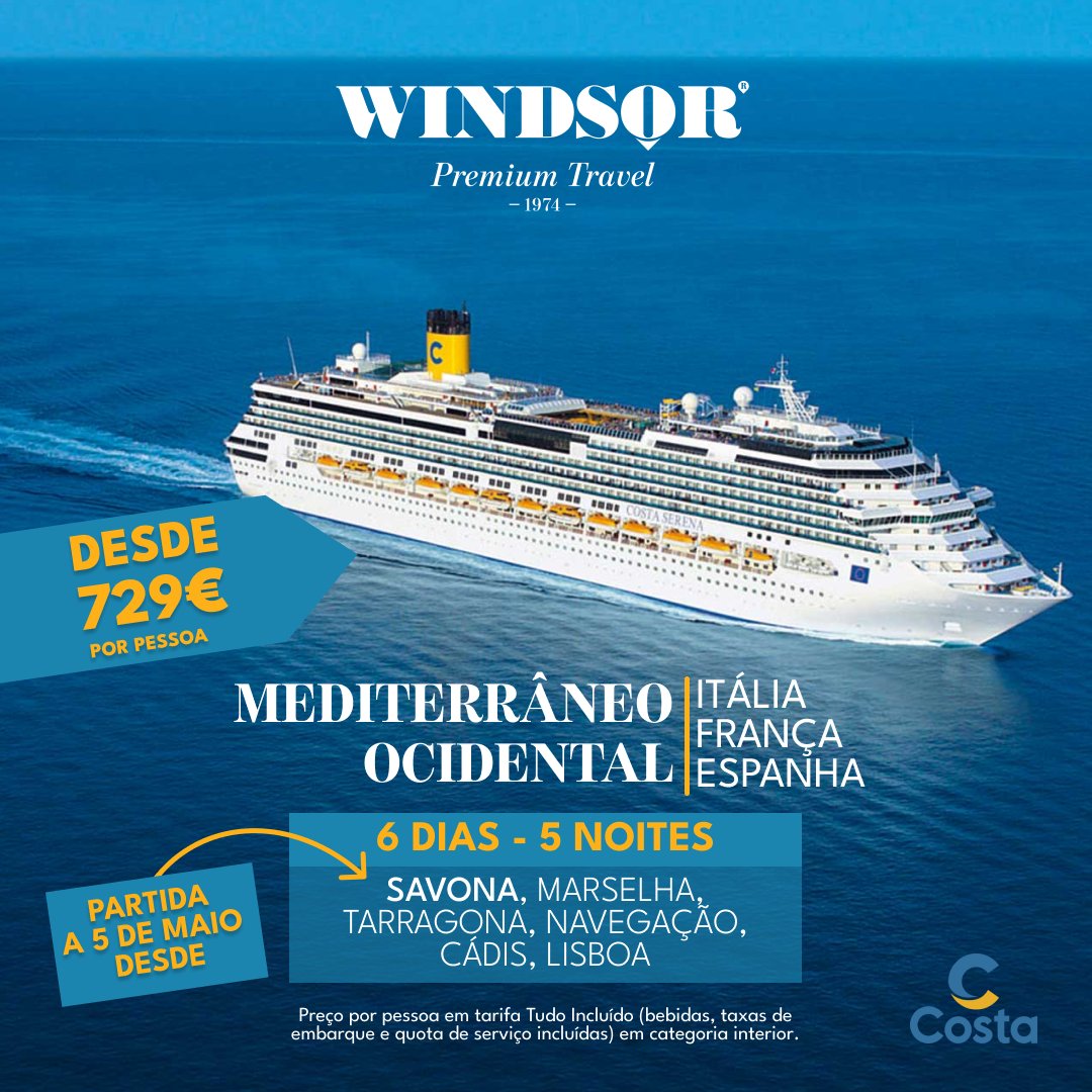 windsortravelgroup (@travelwindsor) on Twitter photo Já se imaginou a bordo de um dos gigantes dos mares? ⛴🌊
Temos a melhor oferta para si! Navegue pelo Mediterrâneo Ocidental e disfrute de um dos magníficos navios da Costa Cruises.
Preços desde 729€
Contacte-nos:
viagens@windsortravel.ws
+351 291700600 | 611| 612| 606 Já se imaginou a bordo de um dos gigantes dos mares? ⛴🌊
Temos a melhor oferta para si! Navegue pelo Mediterrâneo Ocidental e disfrute de um dos magníficos navios da Costa Cruises.
Preços desde 729€
Contacte-nos:
viagens@windsortravel.ws
+351 291700600 | 611| 612| 606