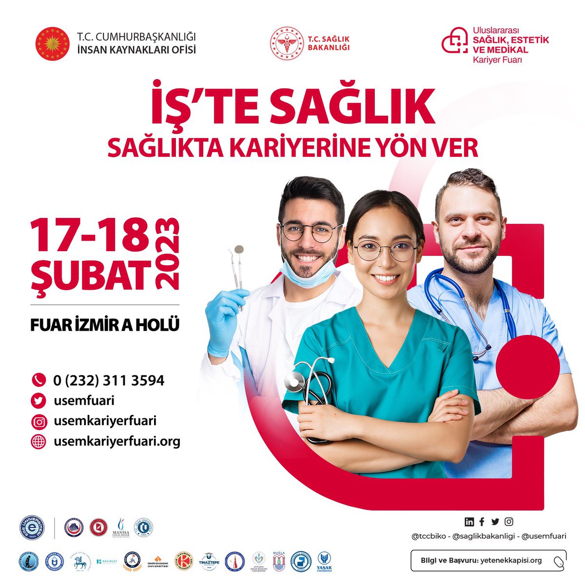 Sağlık alanında faaliyet gösteren özel şirketler, kamu kurum ve kuruluşları, araştırmacılar, sağlık profesyonelleri, üniversite öğrencileri ve mezunlar ile sağlık alanında eğitim gören lise öğrencilerimizin buluşacağı fuarımıza 17-18 Şubat 2023 tarihlerinde bekliyoruz.