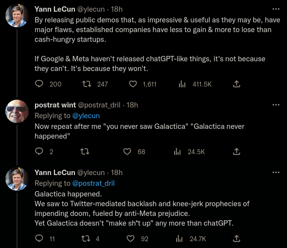 le_science4all's tweet photo. C'est triste (et dangereux) qu'un lauréat du prestigieux prix Turing produise de la désinformation au profit de l'entreprise qui le paie des millions.

- #Meta a rendu public des simili-#ChatGPT (#Galactica &amp; #BlenderBot).
- #Galactica "made shit up".
https://t.co/lEiFfbns49 https://t.co/i5F1IAhCah