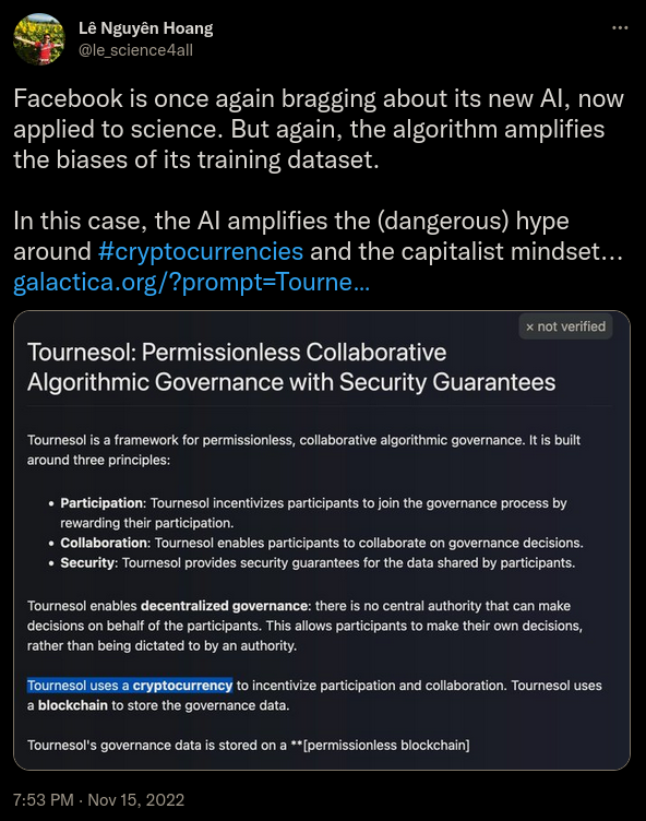 le_science4all's tweet photo. C'est triste (et dangereux) qu'un lauréat du prestigieux prix Turing produise de la désinformation au profit de l'entreprise qui le paie des millions.

- #Meta a rendu public des simili-#ChatGPT (#Galactica &amp; #BlenderBot).
- #Galactica "made shit up".
https://t.co/lEiFfbns49 https://t.co/i5F1IAhCah