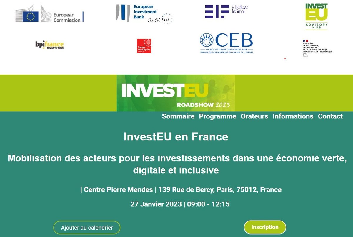 COEbanknews's tweet photo. 🇫🇷#InvestEU en France, on en parle ?

📍Rejoignez-nous à Bercy @Economie_Gouv le 27 janvier pour un débat avec @EIB @EU_Commission @caissedesdepots @Bpifrance @COEbanknews👉https://t.co/eif6vBD4zE https://t.co/S2SDXed5RD