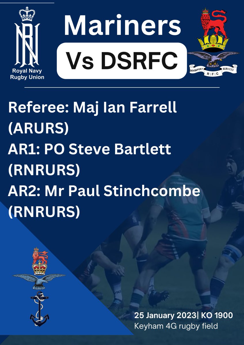 This evenings games sees both the <a href="/RNRugby/">Royal Navy Rugby</a> Mariners &amp; the Men's Academy playing in Plymouth.

With a <a href="/UKAFRugby/">UK Armed Forces Rugby Union</a> appointment fm <a href="/armyrugbyrefs/">Army Rugby Union Referees’ Society</a> for Mariners v DSRFC <a href="/sportingblues1/">Devonport Services, The Sporting Blues</a>.

A full TO3 fm RNRURS, for the Academy(M) vs <a href="/TorbaySharks/">Torbay Sharks RFC</a>

All the best to both referee teams.