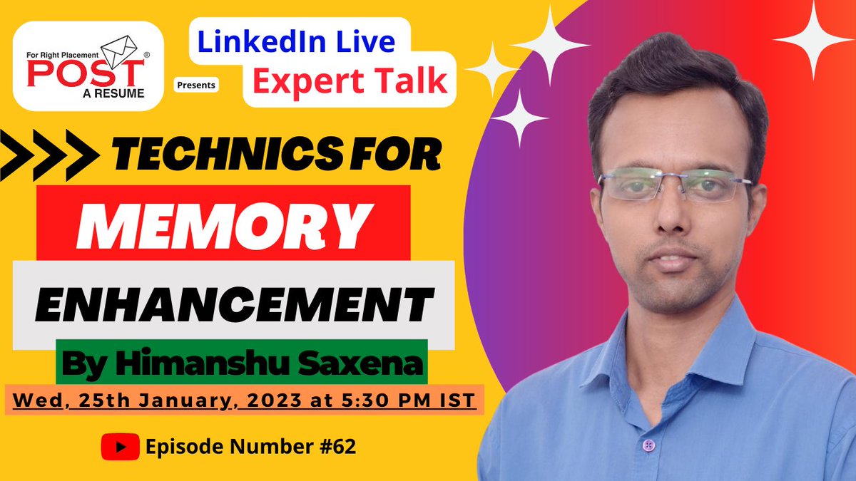 Himanshu Saxena on Technics for Memory Enhancement.
youtu.be/StnXjmSmuOc
#MemoryEnhancement #Podcast #Expert #HimanshuSaxena #Career #Guidance #superbrain #CareerDevelopment #postAresume #VipulMMali #ExpertGuidance  #VipulTheWonderful #ExpertTalk