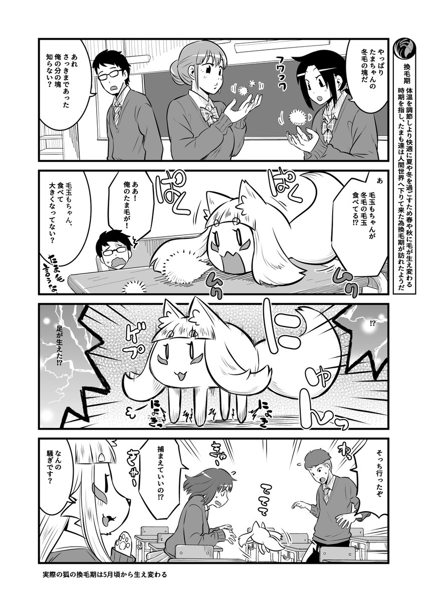 学校生活に憧れて女子高生に化けるも、術が未熟で化けられていないことに気がついていない伏見稲荷のおキツネさま、周りの同級生も気を使って気付いてないフリをしてくれてるきつね漫画・新学期(2/2) 