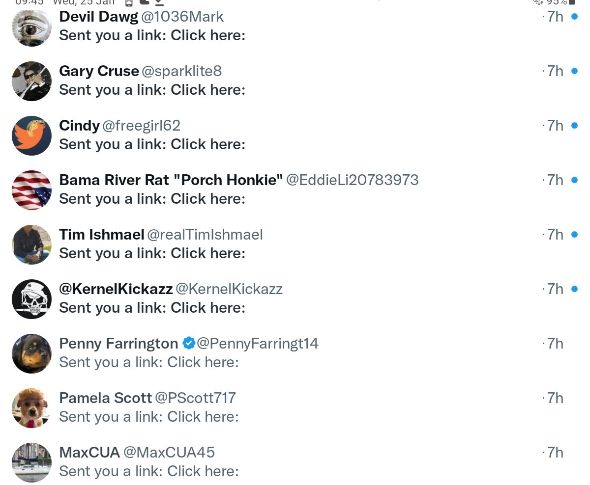 I just got spammed with a bunch of DMs from these people, all with the same BS message, anyone have any idea what's going on or should I just block them all?
@1036Mark @sparklite8 @freegirl62 @PennyFarringt14 @KernelKickazz @realTimIshmael @EddieLi20783973