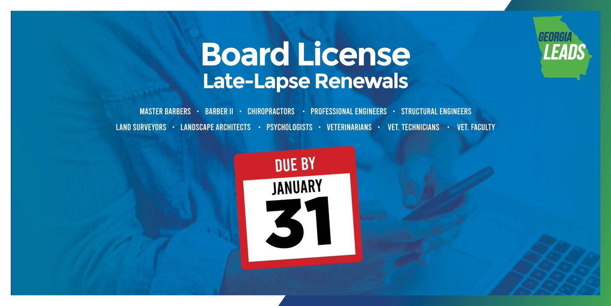 GaSecofState's tweet photo. Every year, the Secretary of State’s office licenses thousands of professionals across the state, ensuring they have the skills, knowledge, and integrity to serve their fellow Georgians.
Don't wait! Renew your license by January 31st! #ProfessionalLicensing https://t.co/xpJd29qmlq