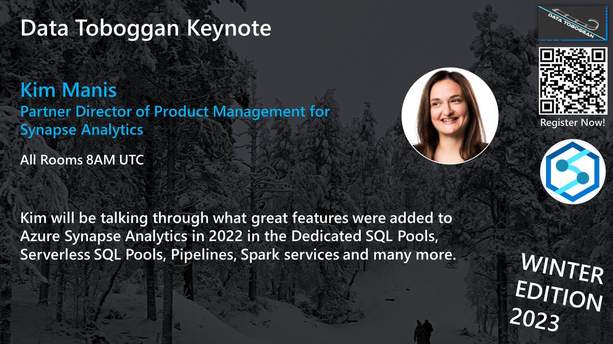 datatoboggan's tweet photo. To open our next Azure Synapse Analytics conference, on Saturday 28 January 2023 @kimmanis will be talking about new features in #azuresynapse
Sign up today
Register: https://t.co/oS02IPSuLm
Agenda: https://t.co/X7g6b41tlx
@Azure_Synapse https://t.co/o0c9h3crGW