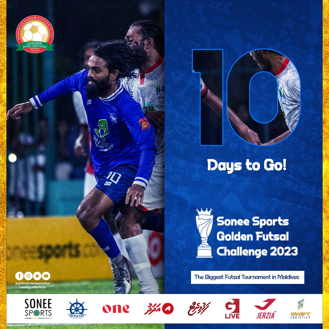 ARE YOU READY?!!
The Biggest Futsal Tournament in Maldives is Starting in 10 Days!!

#SoneeSports #QuickEzyMarine #Jerzia #GLiveMv #SwiftLogistics #OneOnline #Adhadhu #Fahuminet 

#GFC2023 #GoldenFutsalChallenge #SoneeSportsGoldenFutsalChallenge2023 #GoldenFutsalAssociation