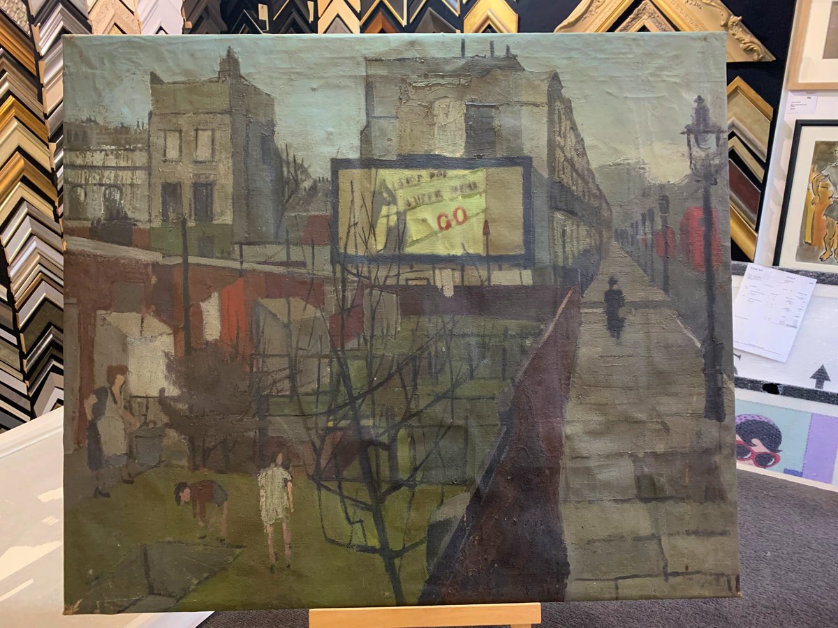 A very early Brian Hagger oil on canvas/fabric from his days <a href="/RCA/">Royal College of Art</a>

Very fragile and oh so carefully re-stretched, now much more stable @GardenRow1974 

Amazingly, after all these years <a href="/TrentArtGallery/">Trent Art Gallery</a> have the original sketch to this piece