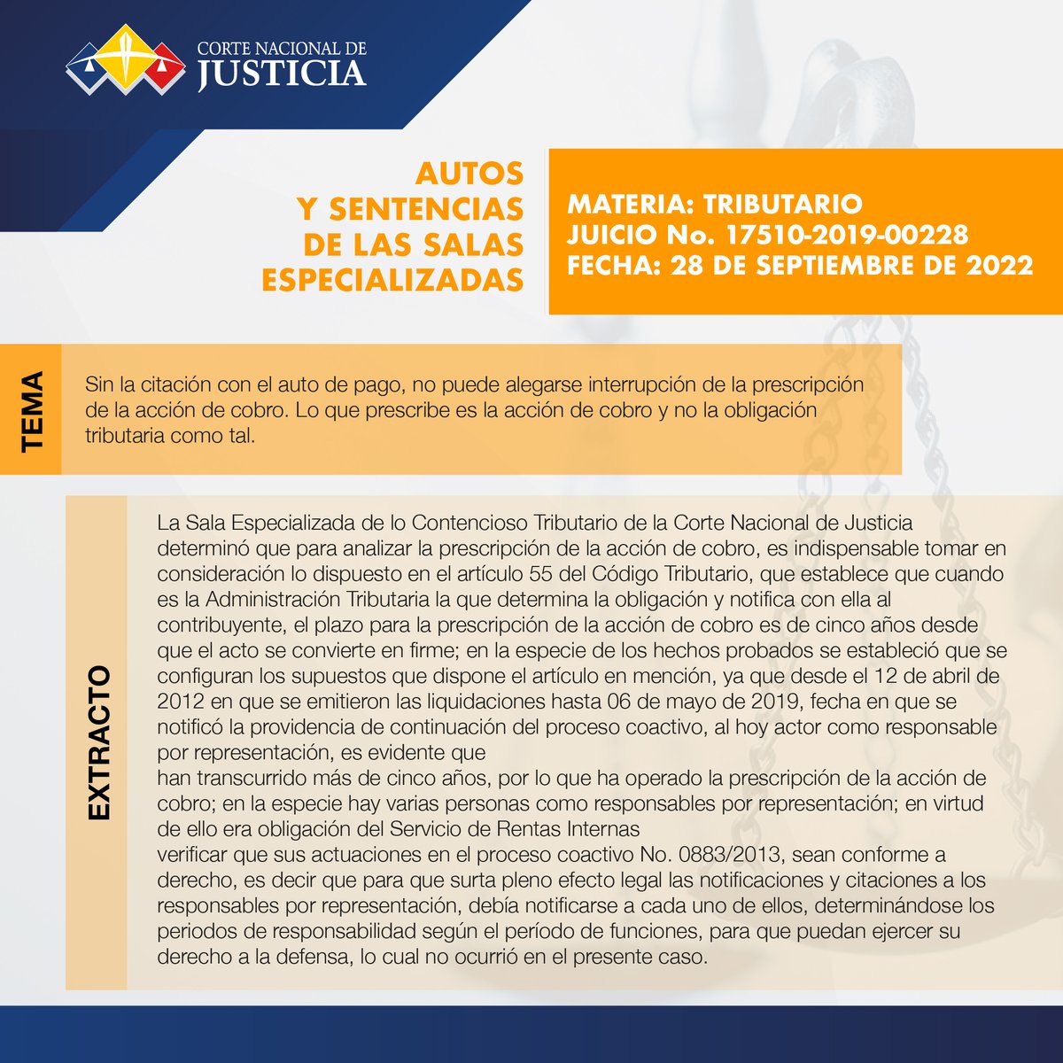 CorteNacional's tweet photo. 📜#SentenciasCNJ | Revisa la sentencia completa de la Sala Especializada de lo Contencioso Tributario de la @CorteNacional de Justicia, en el siguiente enlace ➡ https://t.co/nqr4PEiR9J https://t.co/xJYKdCs8As