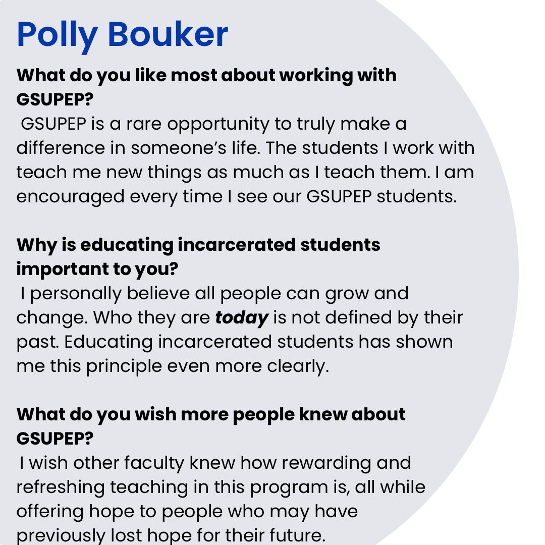 Get to know our team! Polly Bouker, site coordinator at GSUPEP, explains why working with GSUPEP is rewarding to her and why she believes educating incarcerated people is important. 

#gsupep #higheredinprison #prisonedu #georgiastateuniversity #education
