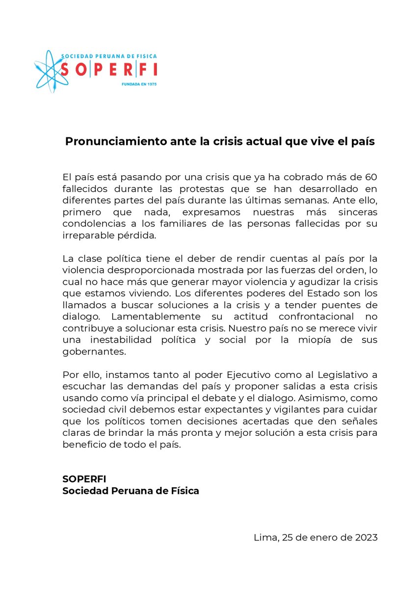 Soperfi's tweet photo. Pronunciamiento por una pronta solución sin violencia a la crisis actual que vive el país. https://t.co/2boeiWJJ7D