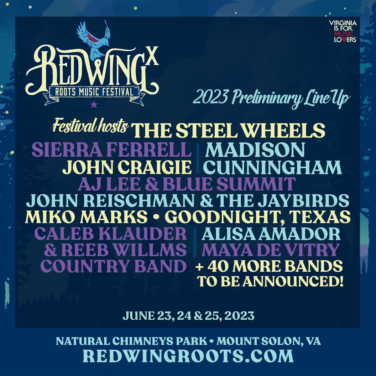 Along w/ festival hosts @thesteelwheels we're excited to share the first bands in our 2023 line up! Stay tuned, full line up to be announced soon! Tix + camping on sale now: bit.ly/RW10tix #redwingroots #redwingroots2023 #loveva #vamusic #visitvirginia @VisitVirginia