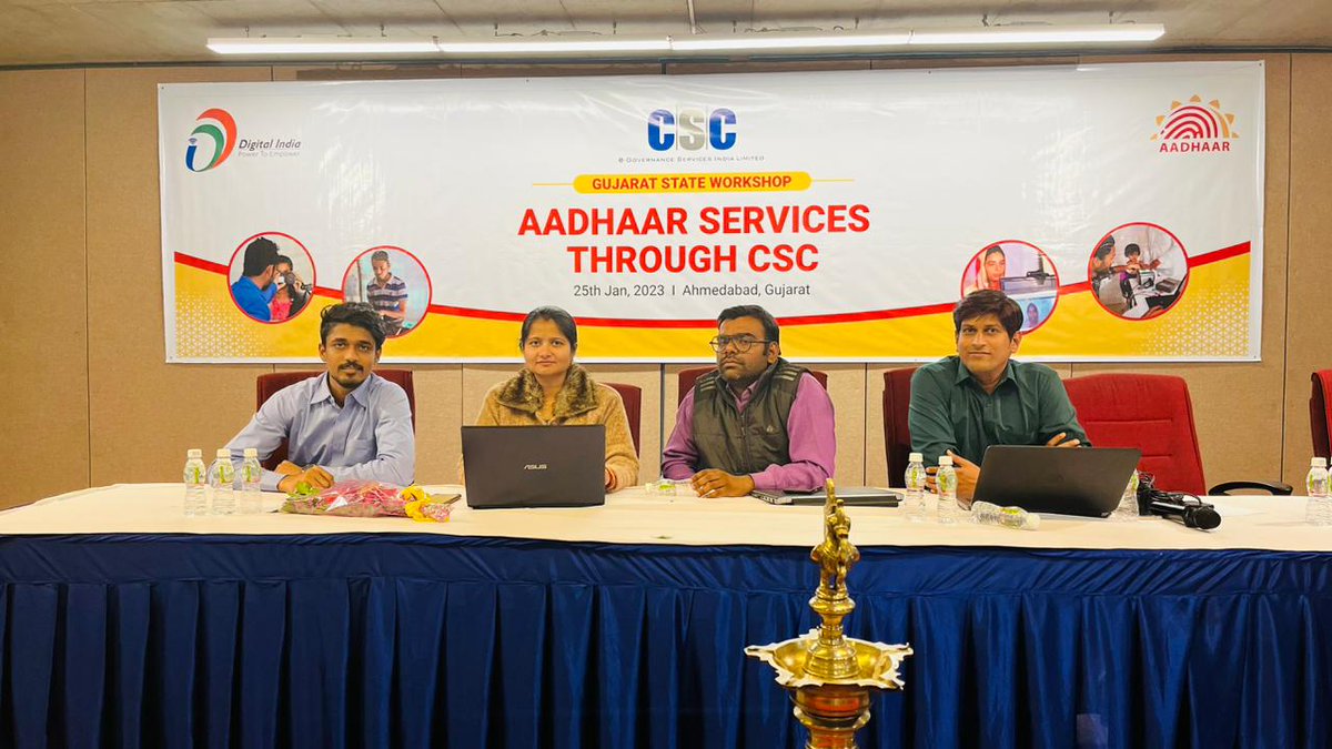 CSC Gujarat (@cscgujarat) on Twitter photo CSC SPV & UIDAI organized a workshop for VLEs at Ahemdabad Gujarat in the presence of Shri Rajesh Gupta (Director UIDAI), Shri Jayesh Bhanushali (Gujarat State Head CSC SPV) & RO Mumbai Team.
<a href="/UIDAIMumbai/">Aadhaar Office Western Region</a> <a href="/ceo_csc/">CEO_CSC e-Governance</a> <a href="/CSCegov_/">CSCeGov</a> CSC SPV & UIDAI organized a workshop for VLEs at Ahemdabad Gujarat in the presence of Shri Rajesh Gupta (Director UIDAI), Shri Jayesh Bhanushali (Gujarat State Head CSC SPV) & RO Mumbai Team.
<a href="/UIDAIMumbai/">Aadhaar Office Western Region</a> <a href="/ceo_csc/">CEO_CSC e-Governance</a> <a href="/CSCegov_/">CSCeGov</a>
