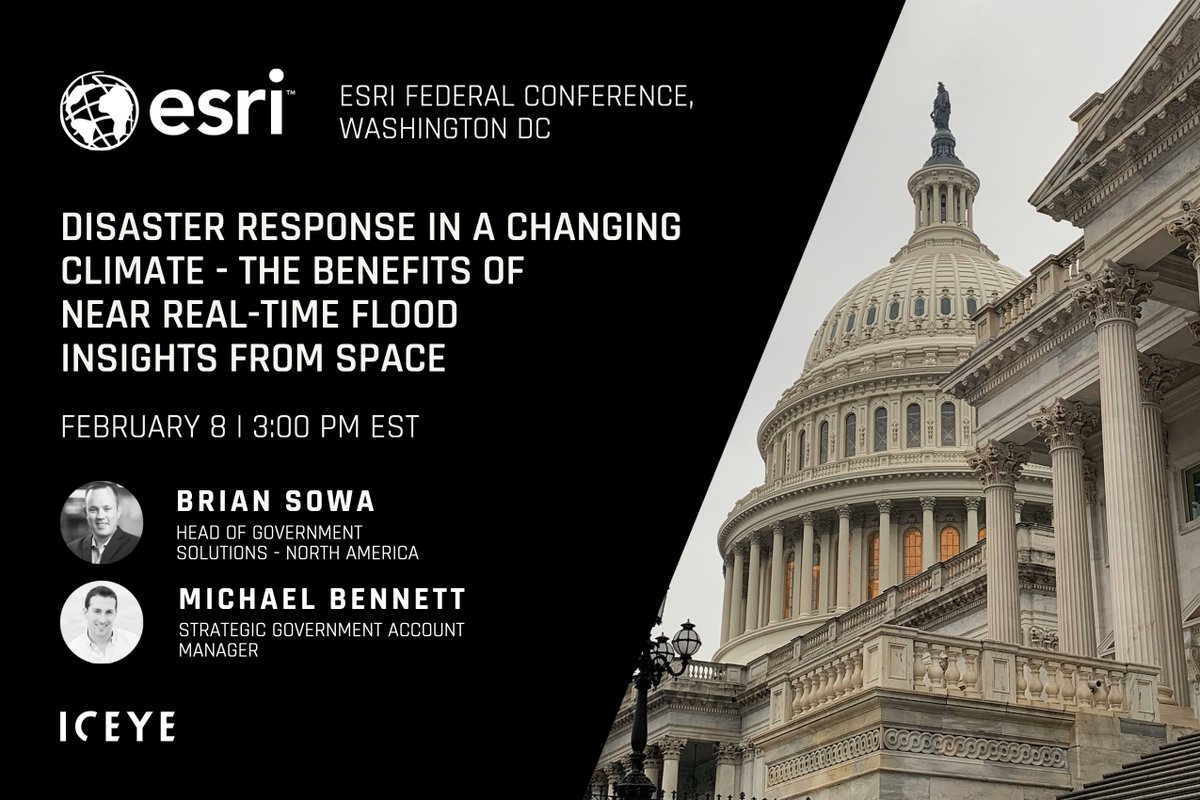 iceye_global's tweet image. Don&apos;t miss our ICEYE experts on stage at #FedGIS and learn how we empower rapid disaster response in a changing climate.

Mark your calendars and hear more about the potential use cases of near real-time flood monitoring with the world’s largest #SAR satellite constellation.