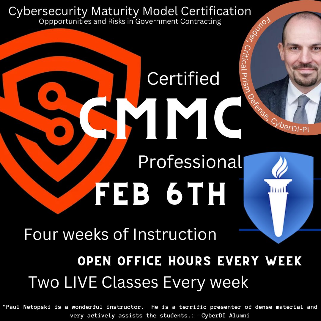 jgmac1106's tweet photo. Hey #Cybersecurity and #CMMC world we have another Cybersecurity Maturity Model Certification Class starting at @SCSU offered by #CyberDI
If you do #govcon #dfars or any #defense #manufacturing or #advancedmanufacturing this class is for you https://t.co/qskUmelUML