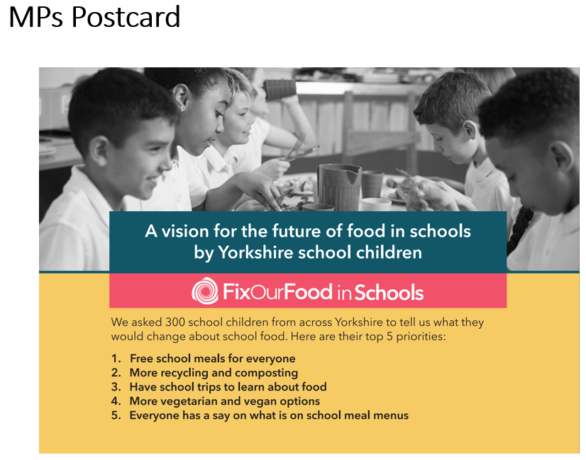 sarahbridle's tweet photo. 300 school children in Yorkshire involved in prioritising desired changes in school food. Number 1 is “Free school meals for everyone”. This postcard sent to all MPs. From the @FixOurFoodteam schools work led by the brilliant @Bryant73J #oxleap23 #TalkSummary 7/9 https://t.co/oJ9JGmwj9o
