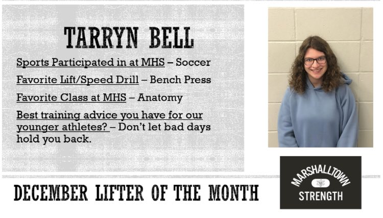 MarshalltownSc's tweet photo. Congrats Tarryn on being our December lifter of the month. Looking forward to watching you compete this spring! #HaveIntent https://t.co/K6chYRJz63