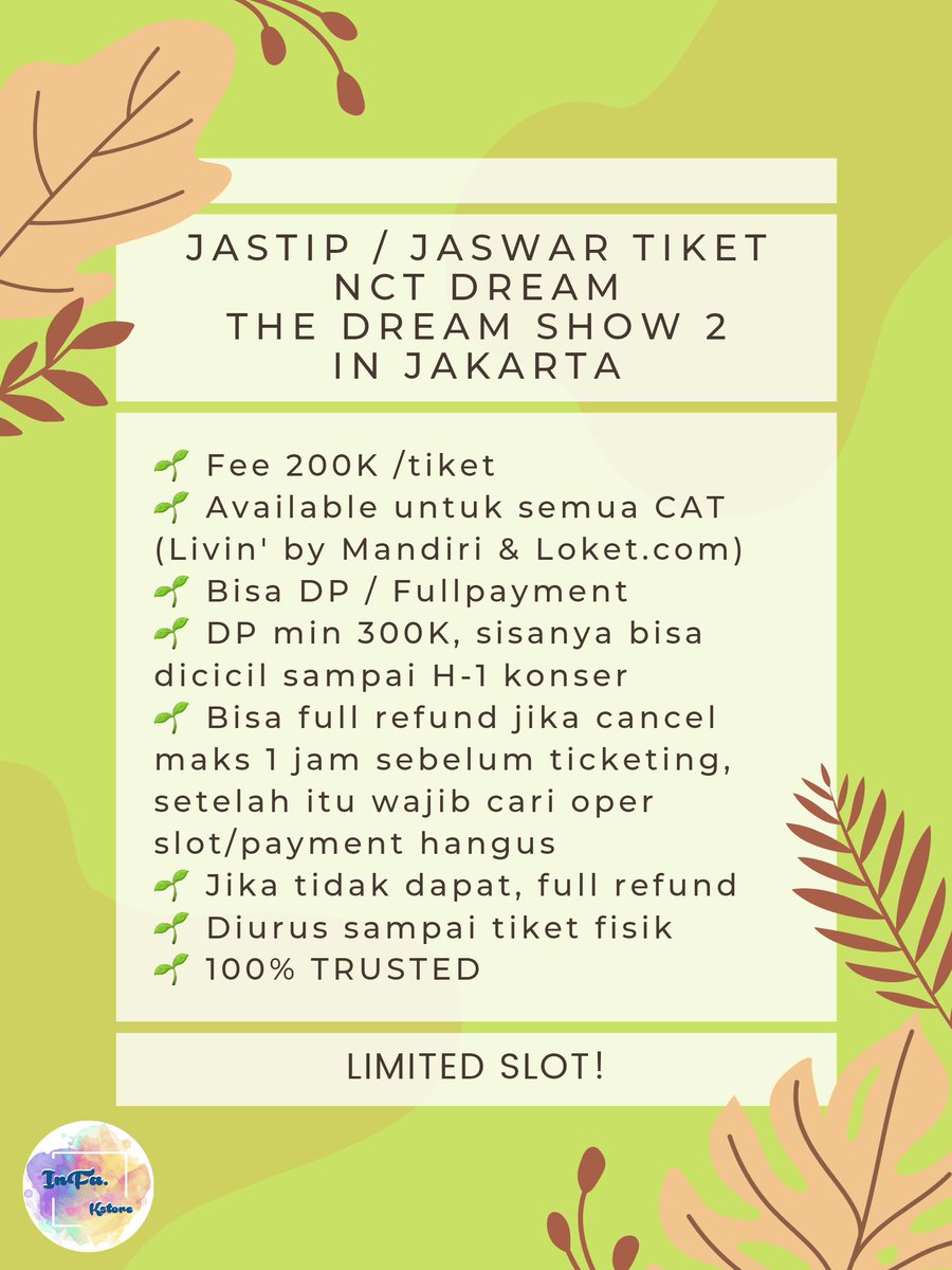 InFa_Kstore's tweet image. OPEN JASTIP / JASWAR TIKET
[ NCT DREAM : THE DREAM SHOW 2 in JAKARTA ]

Kali ini InFa. Kstore open jastip tiket TDS 2 yaa, mau bantu sijeuni terutama yg cari CAT 1 &amp;amp; 2

✅️ Join grup WA
#NCTDREAM #THEDREAMSHOW2 #THEDREAMSHOW2_in_Jakarta
#THEDREAMSHOW2_in_JKT

Silahkann dicek👇