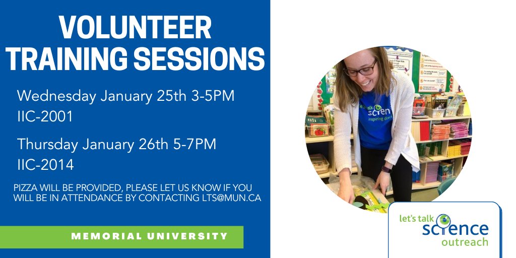 lts_mun's tweet photo. Calling all NEW Volunteers! 🔔
Want to learn more about Let's Talk Science at MUN? Join us in the Bruneau Centre today Jan 25 from 3-5pm OR Jan 26 5-7pm for a 2-hr training led by our coordinator team. This will count for Professional Development hours AND there will be pizza! https://t.co/jtCWx4Fb35