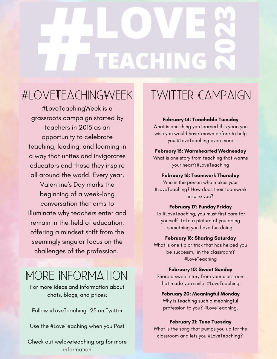LoveTeaching_24's tweet image. We are excited to announce our plans for this year's #LoveTeaching Week!!! Please share this graphic below to start making your plans for the best week of the year!