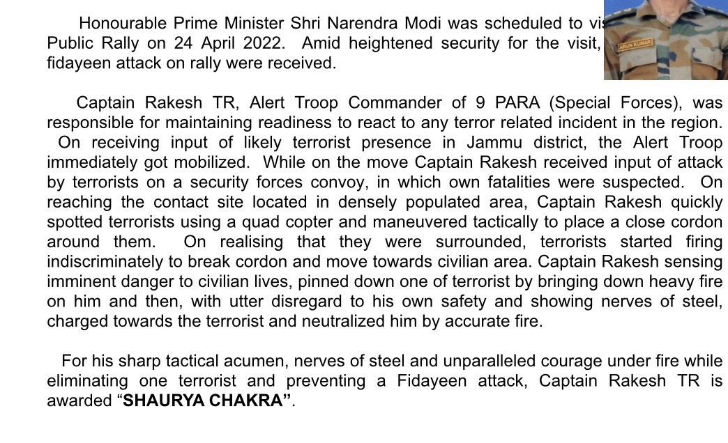 manishindiatv's tweet photo. Shaurya Chakra for  9 #ParaSF Capt Rakesh TR for foiling #FidayeenAttack on PM @narendramodi  Jammu rally in 24 April 22.#ShauryaChakra 🇮🇳@indiatvnews @adgpi https://t.co/H9PuXVxra5