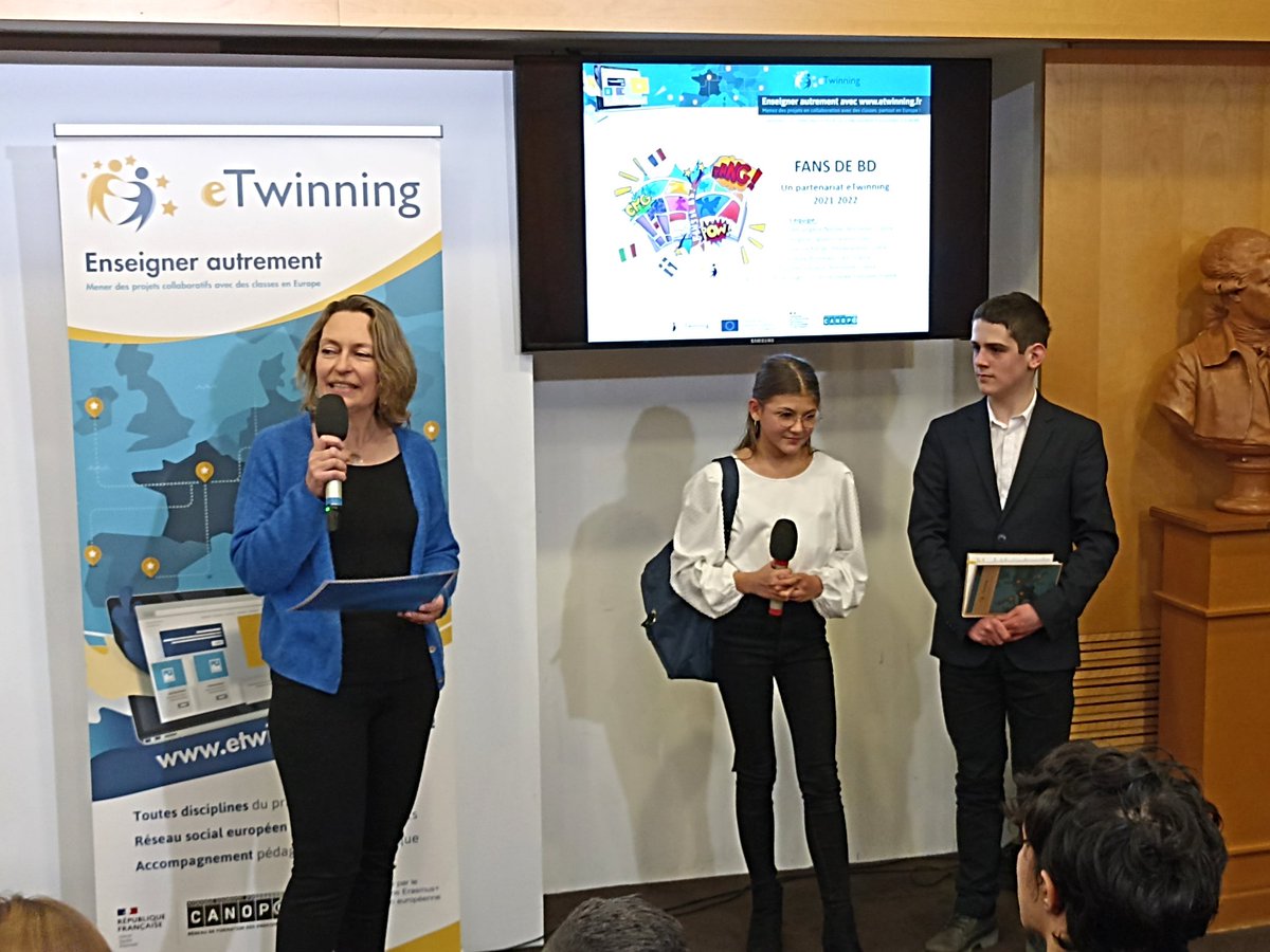 DareicV's tweet photo. Remise des prix du concours national #eTwinning : 2 projets de l'@acversailles récompensés !
Bravo aux élèves et enseignants du clg Trois Moulins de Bonnelles ("Fans de BD") et du lycée JVerne de Limours ("ETG") ainsi qu'à leurs partenaires européens pour ces belles initiatives. https://t.co/NJ41kYBdYY