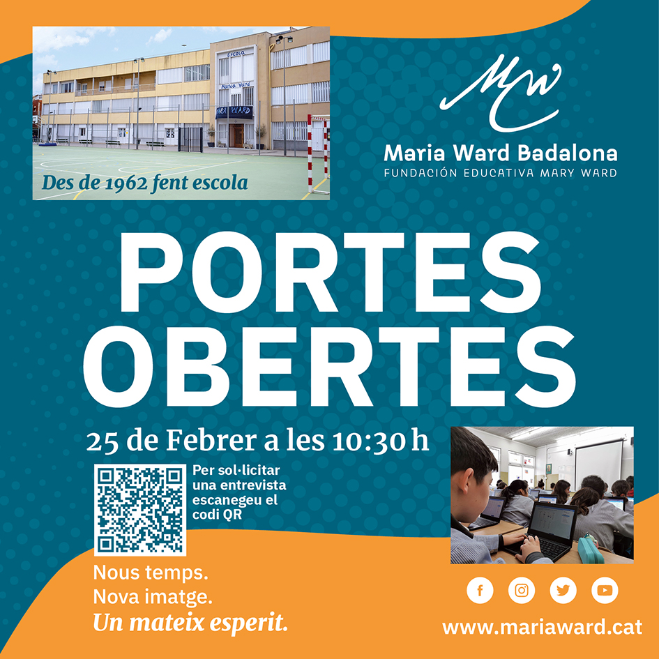 EscolaMariaWard's tweet photo. T'agradaria que la teva filla o el teu fill vinguessin a l'escola Maria Ward?
Dissabte 25 de febrer, a les 10:30h, farem una jornada de Portes Obertes . T'esperem!
#portesobertes ##preinscripcio2324 
##educacio 
@EscolaCristiana https://t.co/YtcmkXj1JC