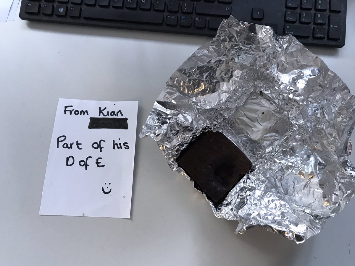 Love being part of duke of Edinburgh - when you come back to your office and there’s a treat off a student to prove he’s completing his skill section - who doesn’t love a chocolate brownie? #skillsection #cooking <a href="/SSAPEDept/">SSA PE Department</a> <a href="/DofENorth/">DofE North</a>