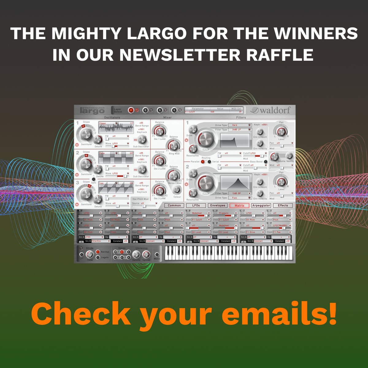 WaldorfGmbH's tweet photo. Have you checked your email today? If not hurry up and see if you are one of the lucky winners of the Largo
#Largo #synthesizer #electronicmusic #plugin #musicplugin #waldorfmusic #waldorflargo https://t.co/z11RTg69nD