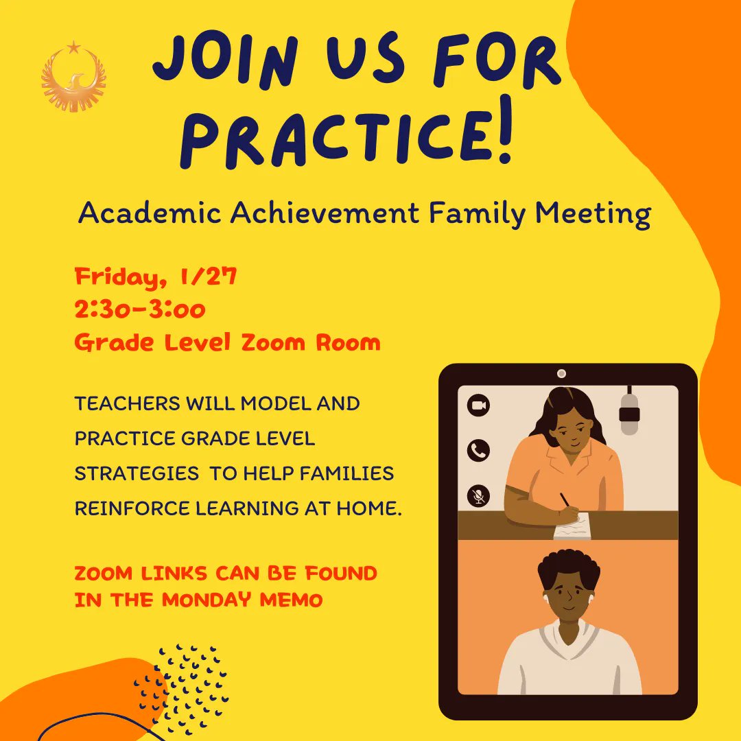 ResurgenceHall's tweet photo. Get ready for the Academic Achievement Family Meeting this Friday 1/27 from 2:30 pm-3:00pm to learn different strategies to support your child's learning at home! Grade-level zoom links can be found in the Monday Memo! #RHCS #RHMA #Charterschools #RISE #LEAD #FamilyPartnership https://t.co/hA16dGVxis