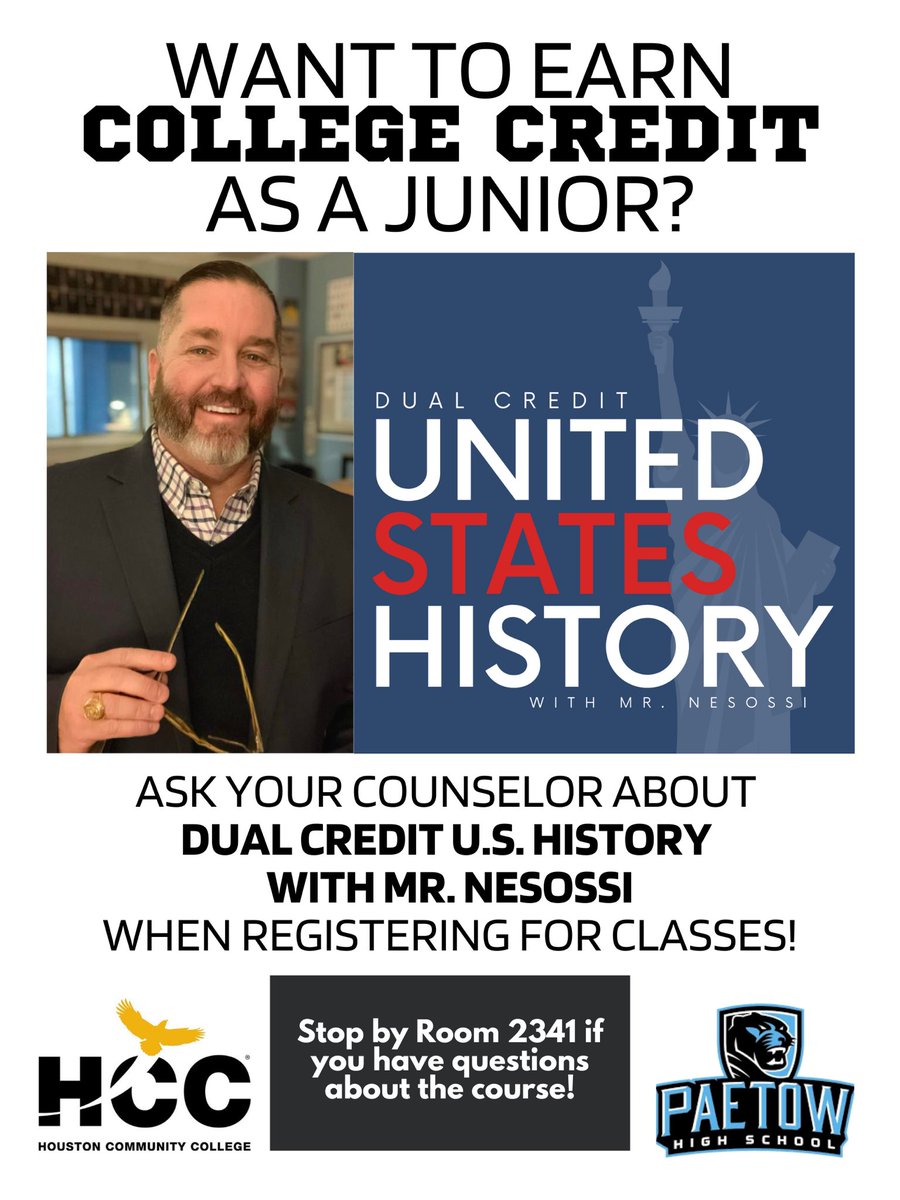Attention <a href="/PaetowHS/">Paetow High School</a> parents and sophomores! I’d love to welcome you to my class this fall. Talk to your <a href="/PaetowCounselor/">Paetow Counselors</a> about Dual Credit when registering! You are even welcome to audit a class. @WeAreHCCS 📚 📖 📝 @phsco25