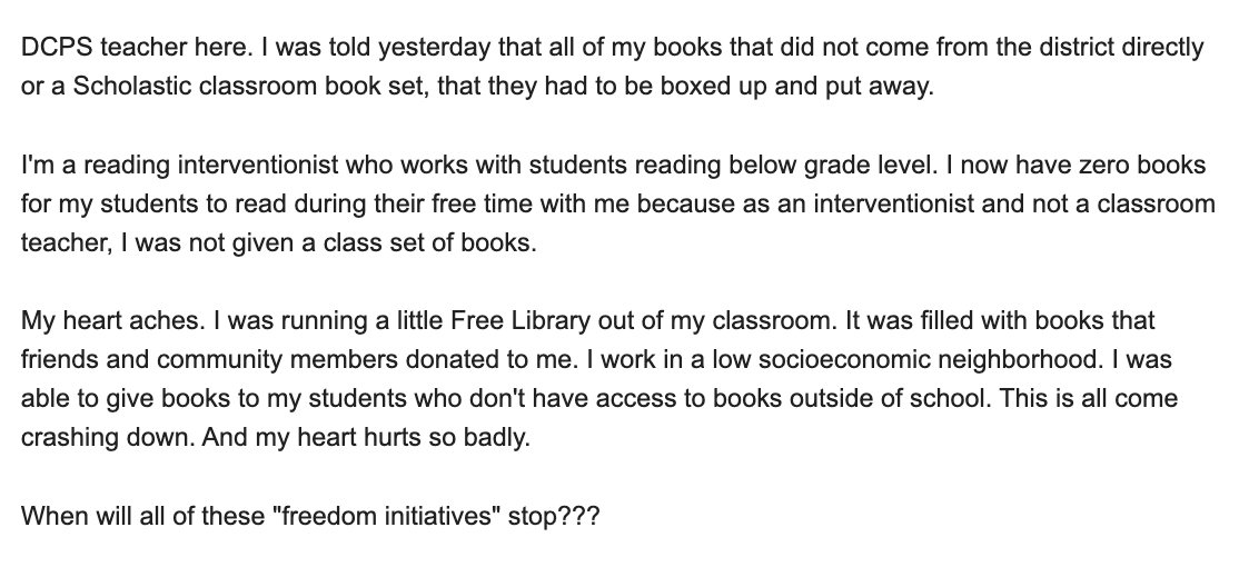 JuddLegum's tweet image. An ABSOLUTELY HEARTBREAKING message from a teacher in Duval County, Florida who is being forced to make her classroom library inaccessible as a result of @RonDeSantisFL's policies 

(via @MelissainJax)