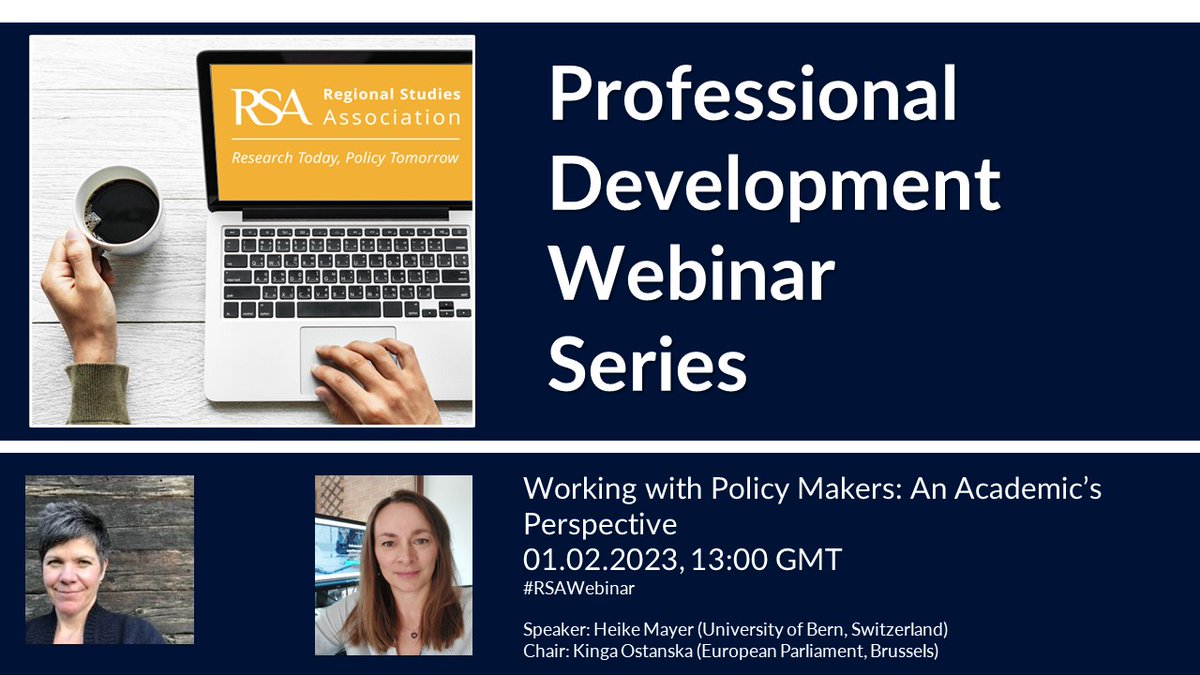 Interested in well-informed policy making? 
Register to the #RSAWebinar on ‘Working with Policy Makers: An Academic’s Perspective’ by @HeikeMayer12 
1st Feb at 13GMT (14:00 Brussels)
I’ll chair it so I can’t wait to meet you all there:
regionalstudies.org/events/profess…
@regstud
#SciComm