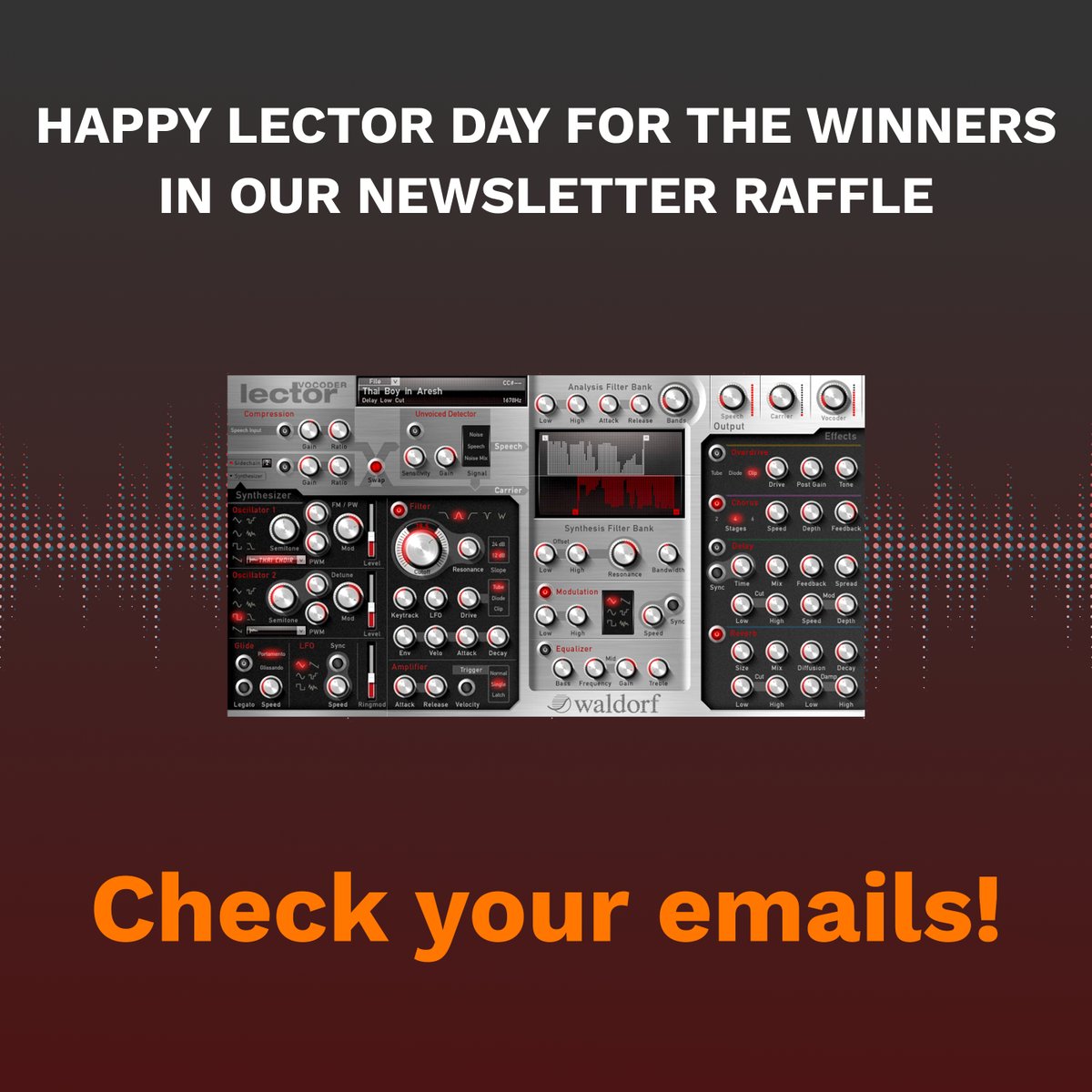 WaldorfGmbH's tweet photo. Have you checked your email today? If not hurry up and see if you are one of the lucky winners of the Lector
#Lector #synthesizer #electronicmusic #plugin #musicplugin #waldorfmusic #waldorflector https://t.co/soMyAnVoxQ