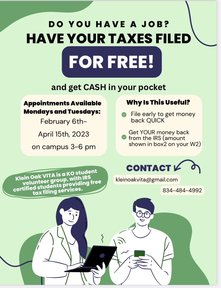 KOHS Counselors (@kohscounselors) on Twitter photo Did you know that you can get your taxes filed by <a href="/KleinOak/">Klein Oak HS</a> students who are IRS certified?! Make your appointment with KO VITA and get your money π΄ back quick! <a href="/thomashensley/">Thomas Hensley</a> <a href="/KISD_CTE/">Klein ISD Career & Technical Education</a> @bsims93 <a href="/KleinISD/">Klein ISD</a> #careerready Did you know that you can get your taxes filed by <a href="/KleinOak/">Klein Oak HS</a> students who are IRS certified?! Make your appointment with KO VITA and get your money π΄ back quick! <a href="/thomashensley/">Thomas Hensley</a> <a href="/KISD_CTE/">Klein ISD Career & Technical Education</a> @bsims93 <a href="/KleinISD/">Klein ISD</a> #careerready