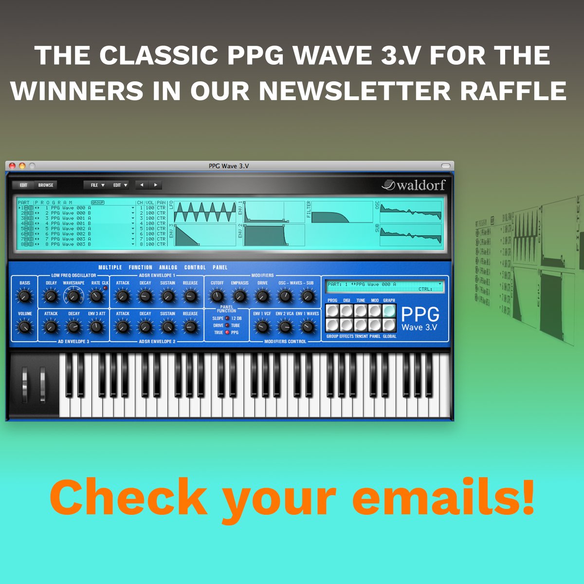 WaldorfGmbH's tweet photo. Have you checked your email today? If not hurry up and see if you are one of the lucky winners of the PPG Wave 3.V
#ppg #ppgsynthesizer #ppgsynth #synthesizer #electronicmusic #plugin #musicplugin #waldorfmusic #waldorfppg3v #waldorfppgwave3v #waldorfppg https://t.co/YIPQzuQC1u