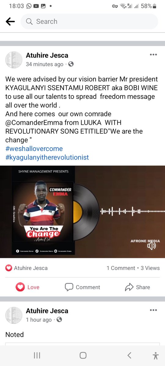 atuhire_jesca's tweet image. We were advised by our vision barrier Mr president KYAGULANYI SSENTAMU ROBERT aka BOBI WINE to use all our talents to spread  freedom message  all over the world .
And here comes  our own comrade @ComanderEmma from LUUKA  WITH  REVOLUTIONARY SONG ETITILED"We are the change