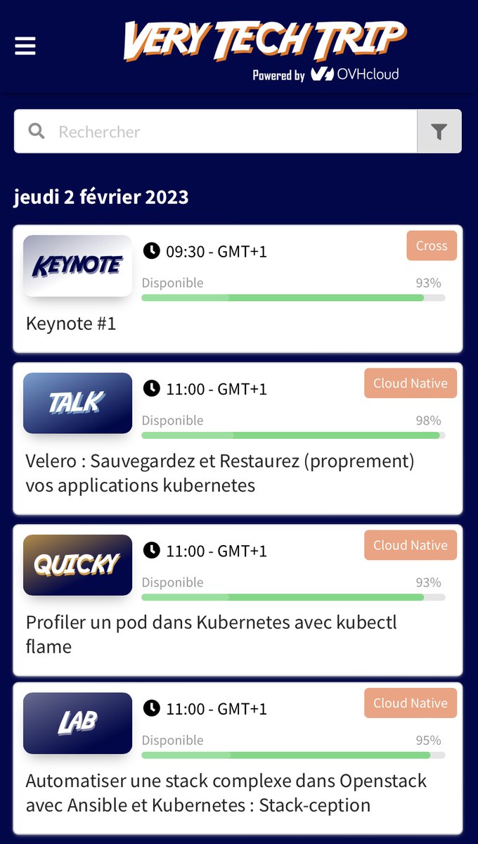 OVHcloud_Tech's tweet photo. 📱Avez-vous installé l'appli mobile créée pour les participants du #VeryTechTrip (dispo pour iOS et Android) ?
Dépêchez-vous d'y réserver vos sièges pour les keynotes et sessions, certaines affichent déjà complet !
Vous y retrouverez, entre autres, votre agenda personnalisé 📅 https://t.co/Ypzv6SAVf3