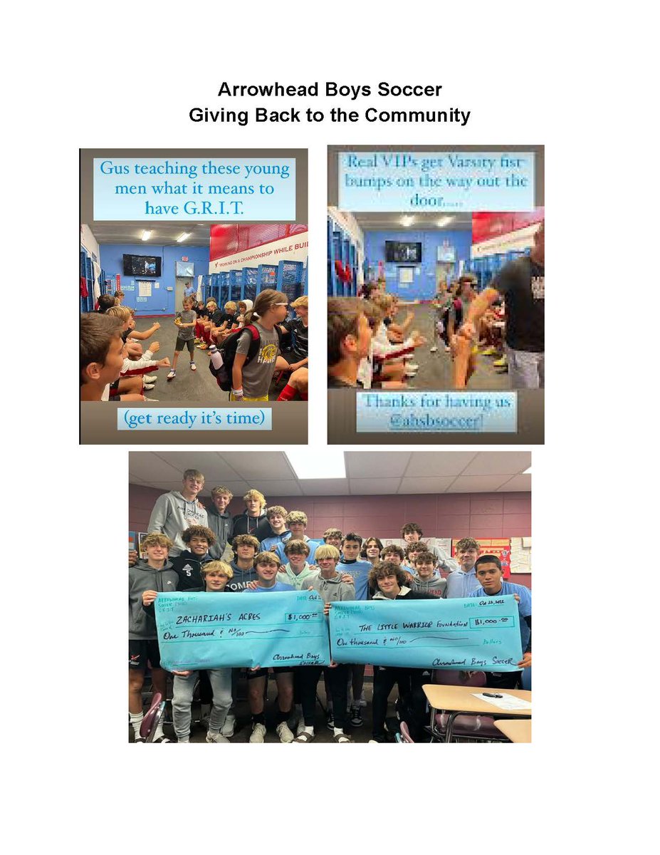 Arrowheadschool's tweet photo. Arrowhead High School's classes, teams &amp; clubs complete thousands of hours of community service each school year.  Here is just one example:
Boys Soccer raised awareness &amp; funds for Little Warrior Foundation and Zachariah's Acres, and hosted Journey 21 to a soccer skills clinic! https://t.co/tQsng2gF7h